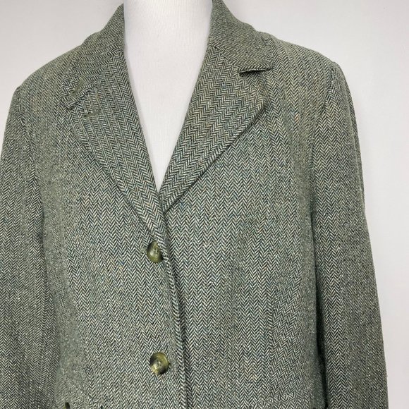 Vintage LL Bean Women's Petite XL Wool Blend Tweed Herringbone Blazer Green - Picture 8 of 14